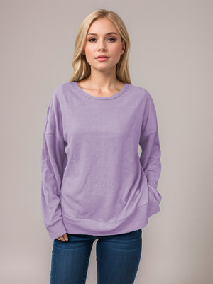 Lavender waffle knit relaxed fit crewneck top with long sleeves
