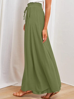 Textured olive brown drawstring palazzo trousers with pockets and wide leg