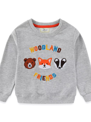 Gray baby sweatshirt with embroidered woodland animals and text.