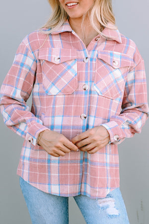 Chic checkered collar jacket in blush pink with buttoned pockets and cuffs.
