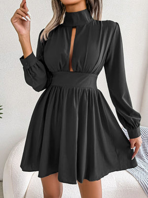 Black fit-and-flare mini dress with keyhole neckline, long balloon sleeves, and gathered waist.
