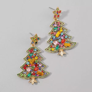 Festive rhinestone Christmas tree dangle earrings with colorful gems and a star topper.