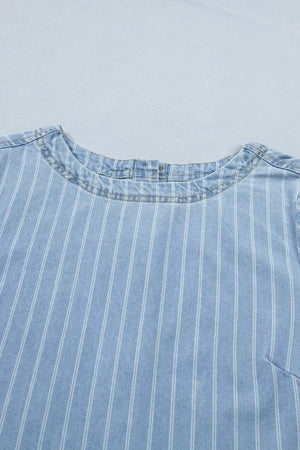 Light blue denim mini dress with white vertical stripes and a crew neck.