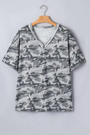 Camouflage v-neck relaxed tee with short sleeves and a grey camo print.