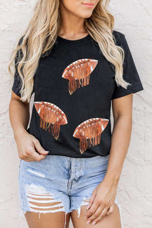 Black t-shirt with three football graphics featuring fringe details.