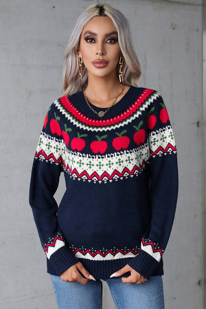 Dark blue acrylic sweater with festive Fair Isle apple motif, crew neck, long sleeves.