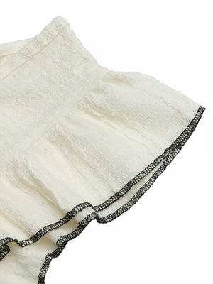 Crinkled texture t-shirt in off-white with ruffled sleeve detail and black contrast stitching.