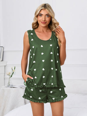 Army green heart print loungewear set with ruffle hem shorts and sleeveless top.