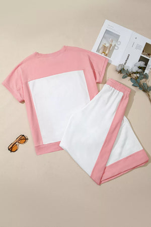 Color block cotton lounge set with pink and white tee and shorts.