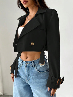 Black cropped double-breasted trench coat with belt and adjustable cuffs