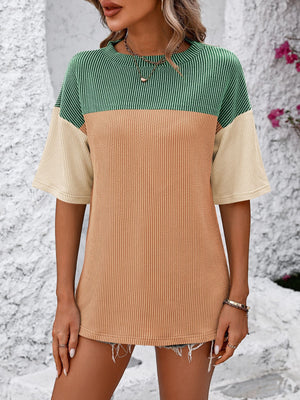Mandy Color Pop T-Shirt in green, tan, and cream color block with a ribbed texture.