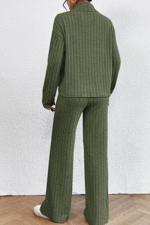 Ribbed knit turtleneck lounge set in Matcha Green with wide leg pants and long sleeves.