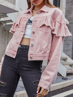 Blush pink denim trucker jacket with ruffled, frayed sleeves and button front.