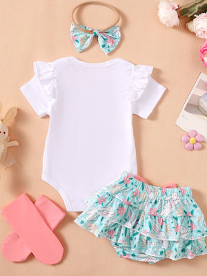 White ruffled sleeve bodysuit with floral bunny print skirt and bow headband