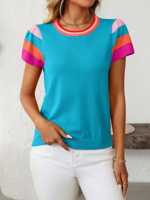Colorblock knit top in sky blue with flutter sleeves, featuring pink, orange, and hot pink stripes on sleeves and neckline.