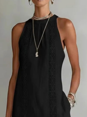 Black sleeveless midi dress with lace trim and pockets