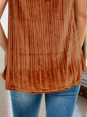 Terracotta velvet cami with vertical pleats and lace trim detail