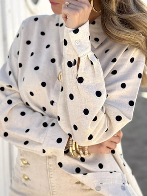Polka Dot Button Up Shirt in Beige, close-up detail