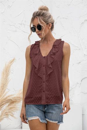 Brown sleeveless blouse with textured dot pattern and ruffle V-neck.