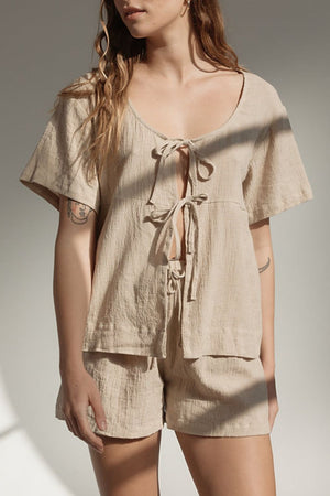 Beige cotton tie-front short sleeve top and shorts set