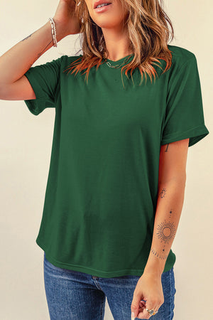 Dark green t-shirt with rolled short sleeves and a crew neck.