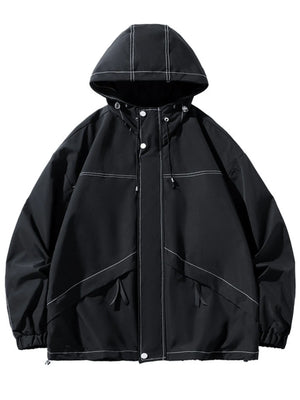 Black oversized hooded zip jacket with contrast stitching and drawstring details.