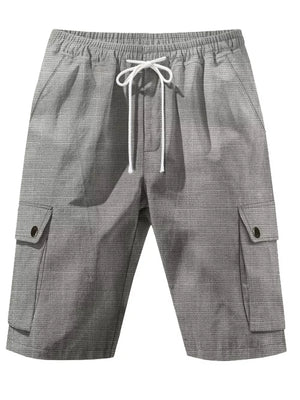 Men's light gray textured drawstring cargo shorts with button flap pockets.