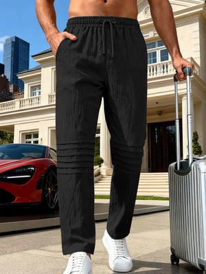 Men's black linen-blend drawstring sweatpants with pleated detail