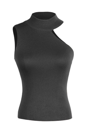 Black ribbed knit tank top with asymmetric cut-out and mock neck.