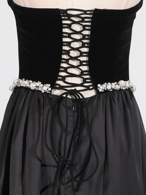 Lace Up Back Tube Maxi Dress in Black, fabric detail