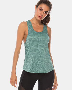 Racerback performance tank top in heathered aqua with a scoop neckline.