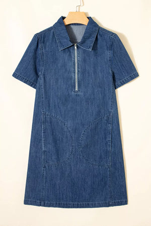 Denim shift dress with collar, short sleeves, and front zipper.