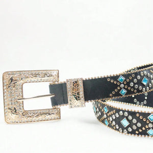 Black leather belt with ornate silver buckle, rhinestones and blue gem accents