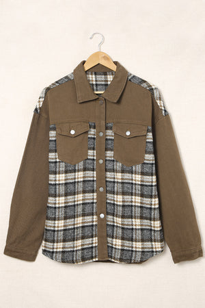 Olive mixed media shacket with plaid front and solid sleeves, featuring a collared neckline and chest pockets.
