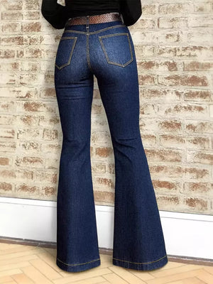 Chic high-rise flare jeans in dark wash denim with yellow stitching and pockets.