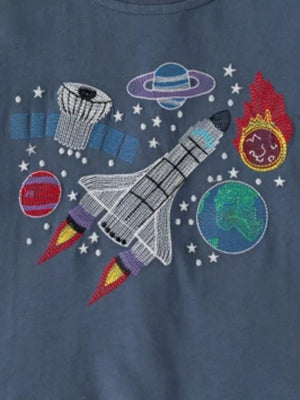 Toddler t-shirt with embroidered space shuttle, planets, and stars.