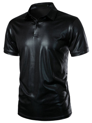 Black collared polo shirt with textured finish and short sleeves.