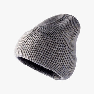 Ribbed knit slouch beanie in Dark Gray with a cuffed brim.