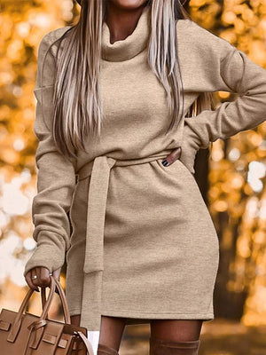 Turtleneck Belted Knit Dress in Khaki, model styling view