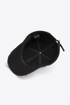 Black baseball cap with distressed brim and adjustable strap.