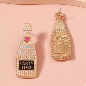 Champagne bottle drop earrings with pearls and a heart detail, one says Party Time.