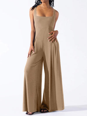 Camel square neck palazzo jumpsuit with wide legs and pockets