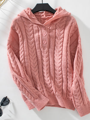 Pink cable knit henley hooded sweater with button detail