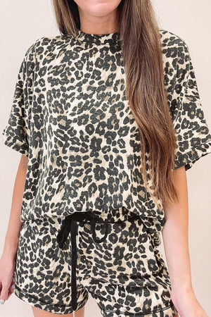 Leopard print loungewear set with a relaxed fit t-shirt and drawstring shorts.