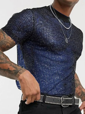 Navy glitter mesh mock neck tee with vertical ribbed texture and short sleeves.