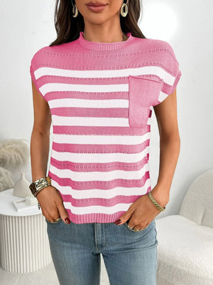 Striped knit pocket tee in blush pink and white with short sleeves and a crew neck.