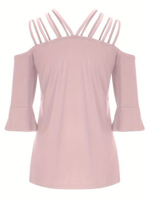 Blush pink cold shoulder blouson with strappy neckline and flared 3/4 sleeves.