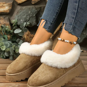 Khaki fuzzy trim platform slippers with chunky sole.