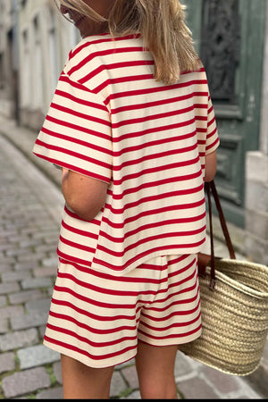 Tie-front lounge set in deep red and cream stripes, featuring a short-sleeve top and matching shorts.