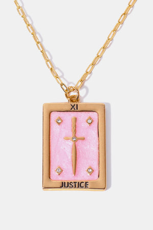 Tarot card pendant necklace in blush pink with sword and gems, gold chain.